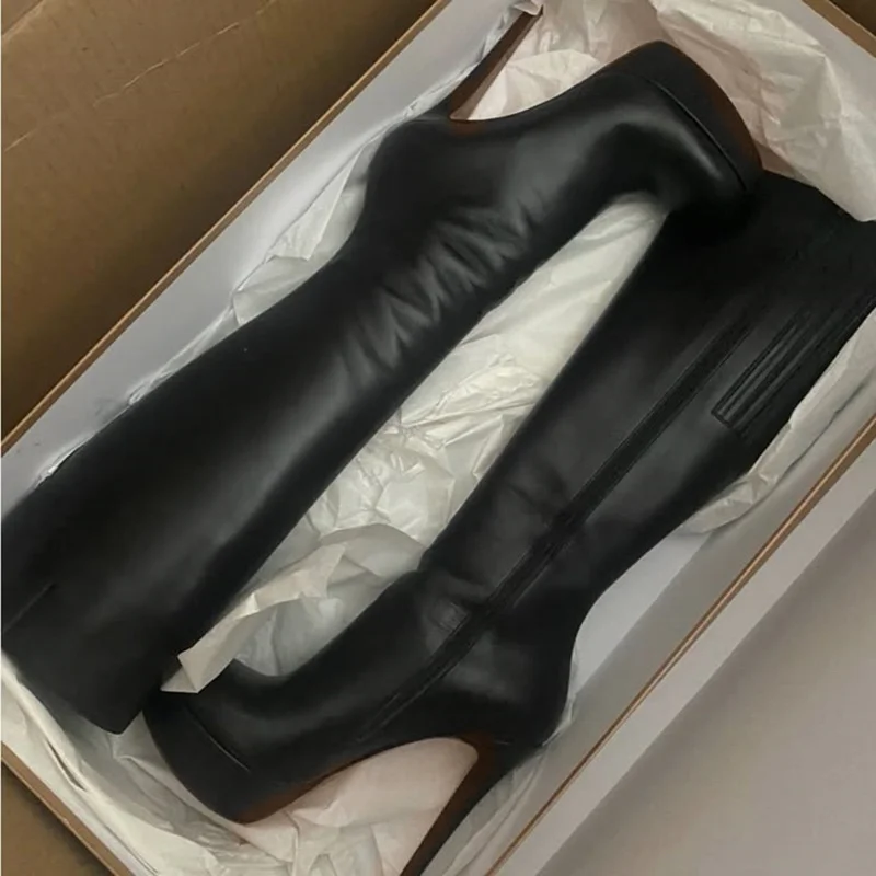 Black Zipper Knee High Platform Boots Thin High Heel Round Toe Fashion Sexy 2025 Winter Big Size Woman Shoes Zapatillas Mujer