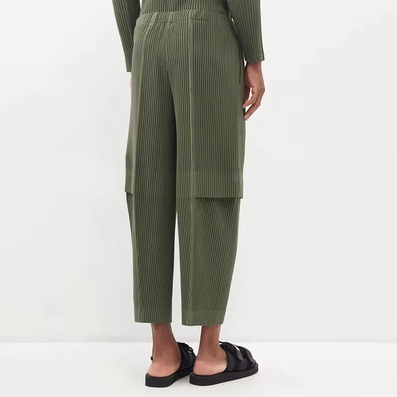Miyake Original Pleated Work Pants 2025 Spring Summer New Pleated Men's Military Green Fold Pants Men's Casual Loose Japanese