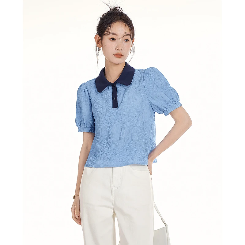 Toyouth Women Blouse 2023 Summer Puff Sleeves Polo Neck with Buttons  Shirts Contrast Color Textured Fabric Elegant Chic Tops