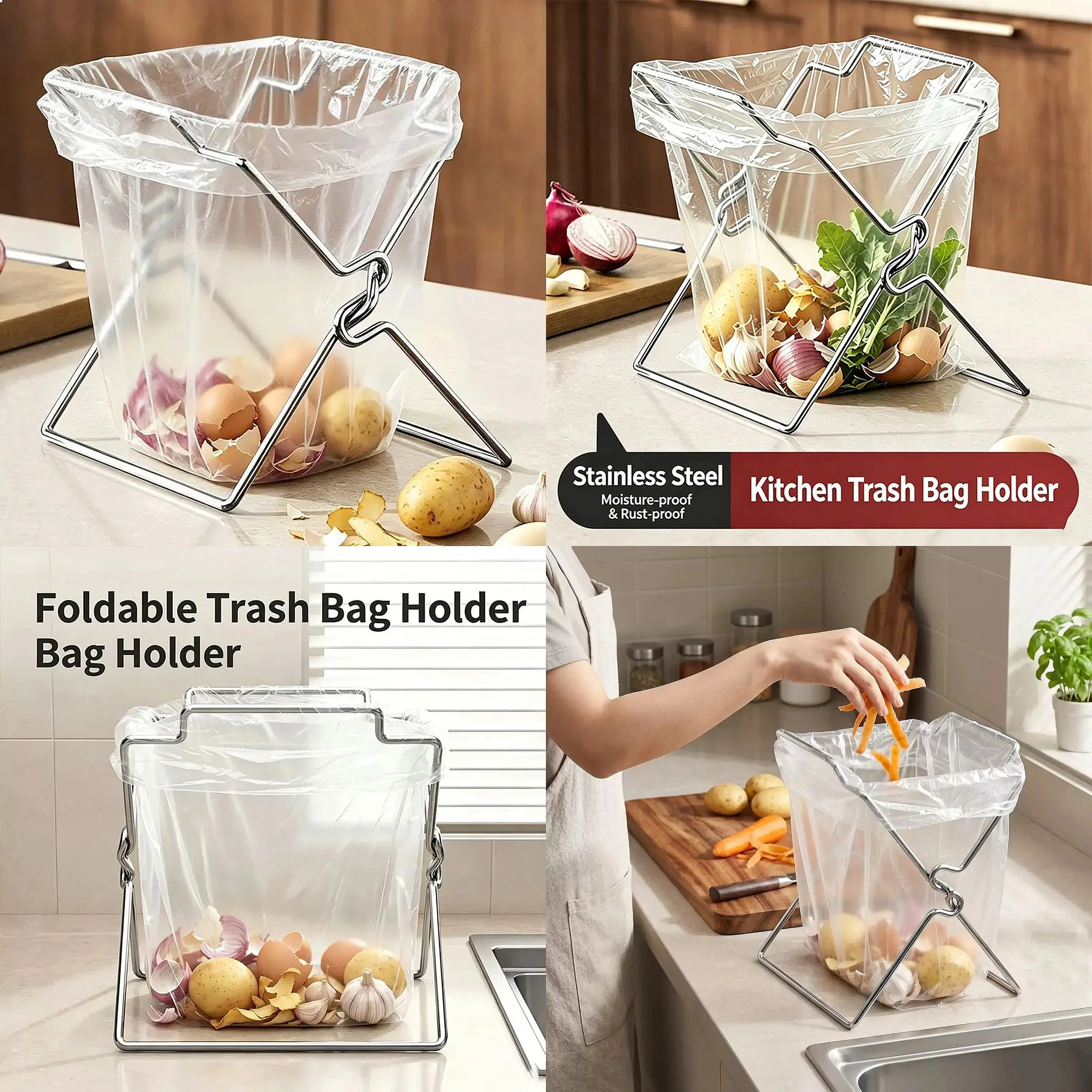 Collapsible Stainless Steel Trash Bag Holder, Kitchen Countertop Garbage Bag Support Rack, Portable Storage Organizer Stand