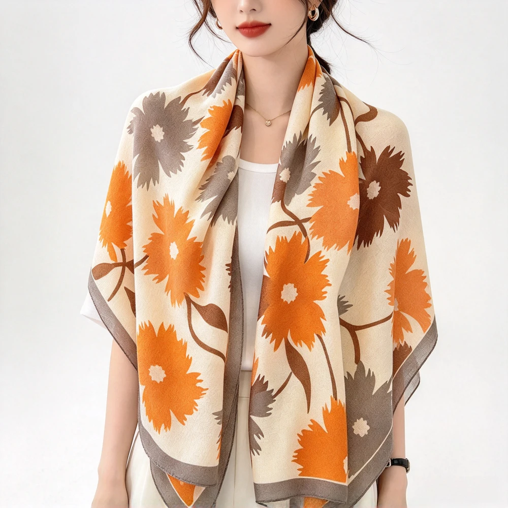 Vintage Floral Print Women Shawl Orange Brown Flower Large Soft Oversized Scarf Wrap Lightweight Stole Wedding Travel Beach