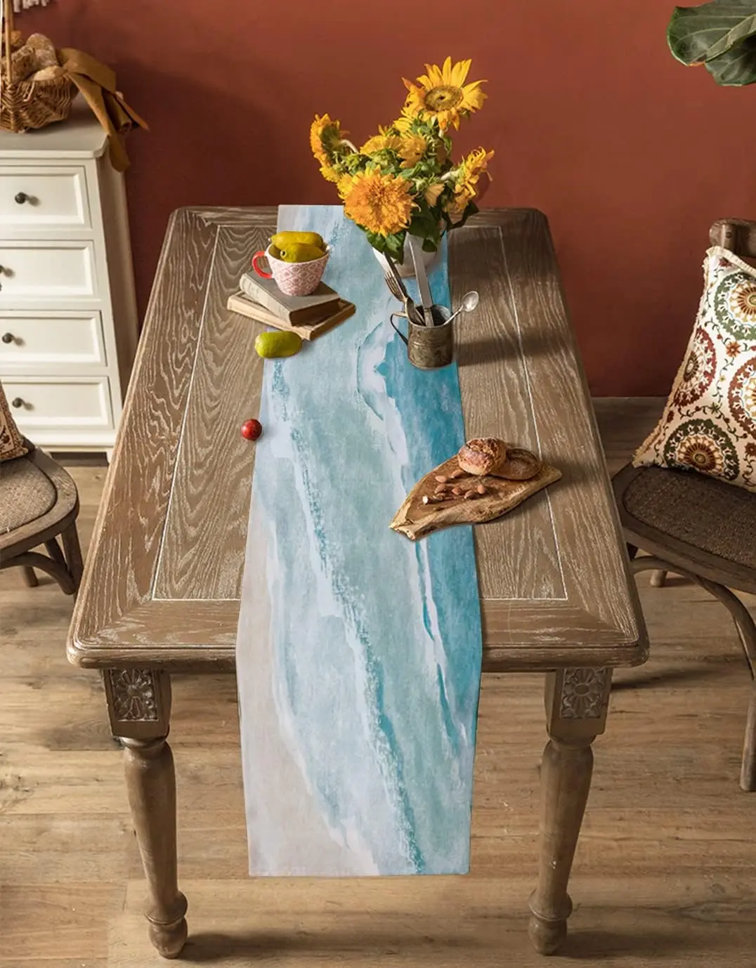 الشاطئ الساحلي الأزرق الكتان الجدول عداء مضمد وشاح ديكور للطاولات الصيف المطبخ طاولة طعام عداء المحيط موجات البحر ديكور الحفلات