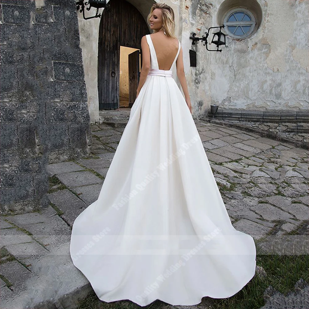 Simple Satin Fabric Women Wedding Dresses Sexy A-Line Bridal Gowns Handmade Mopping Length Customized Design Vestidos De Novia