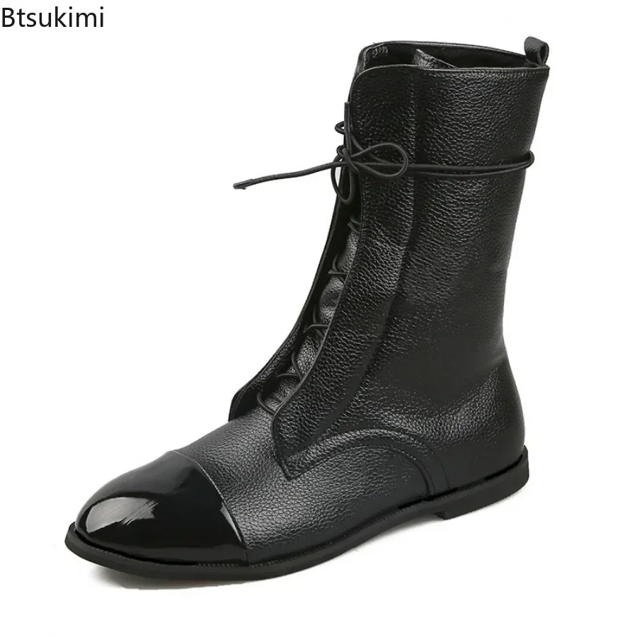 Botas femininas casuais de couro em PU, salto liso, com cordões, sapatos de meia panturrilha, dedo apontado, botas de motocicleta bonitas, novo, 2024