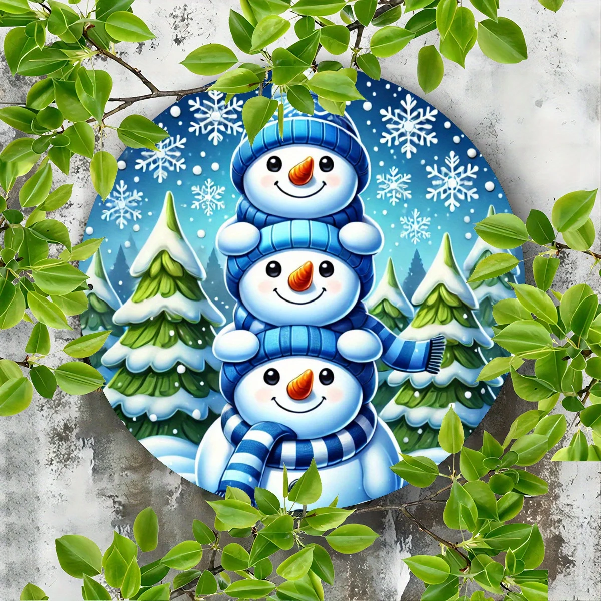 Rustic Style 1pc Round 2D Printed Iron Decorative Sign, Christmas Greetings 3 Little Snowmen Blue, Multipurpose Door Mount Wall