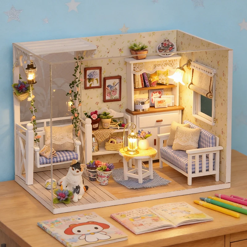 Kitten Diary DIY Miniature Dollhouse Wooden Kit With Furniture LED Light 3D Puzzle Assembly Model Home Decor Craft Gift For Kids