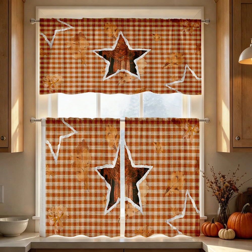 Farmhouse Kitchen Curtains, Orange Plaid Star Fall, Digital Print, Kitchen Dining Room, Rod Pocket Polyester, Home Decor