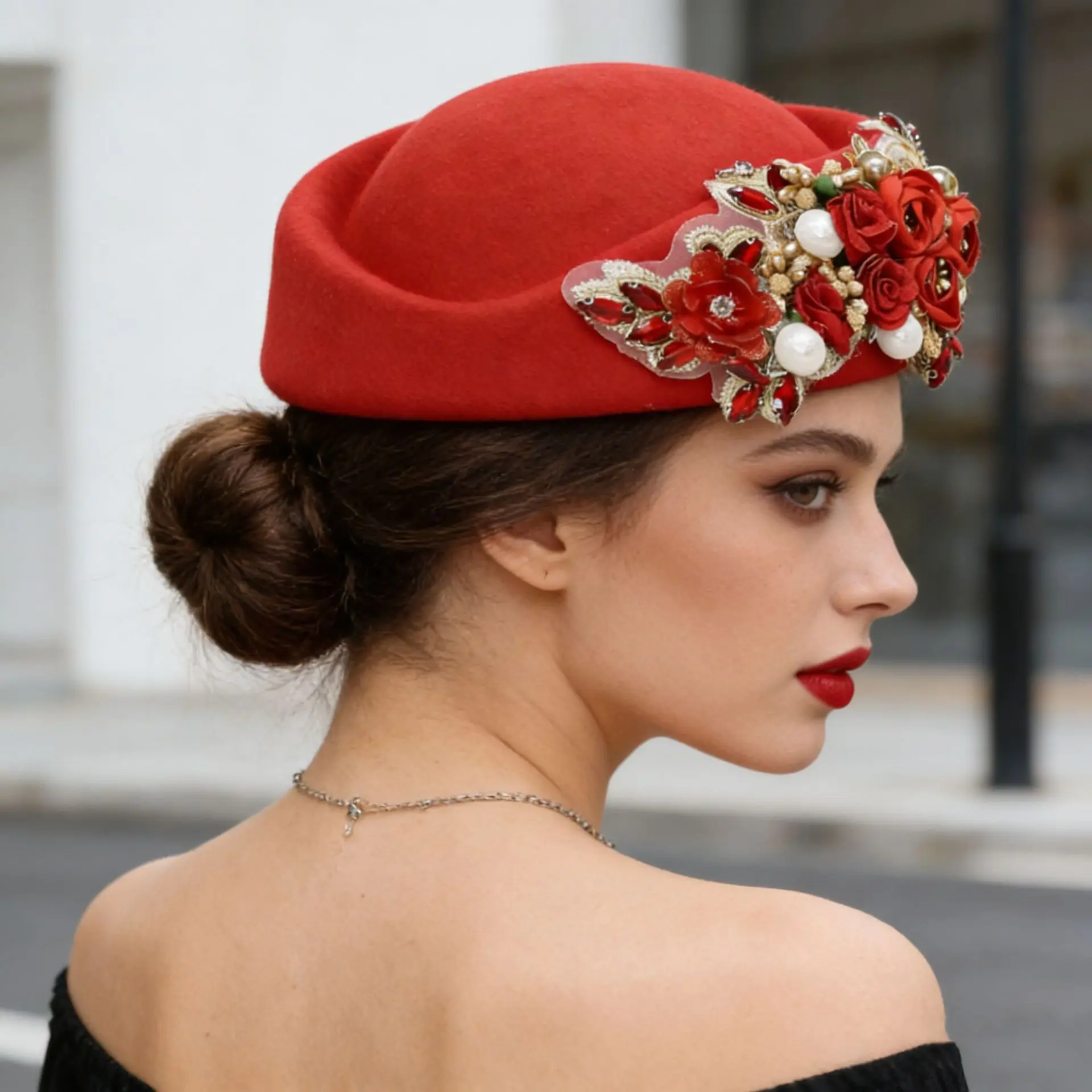 european-vintage-british-felt-turban-hat-for-women-church-derby-headpiece-with-handmade-sewn-flower-soft-beret-cap