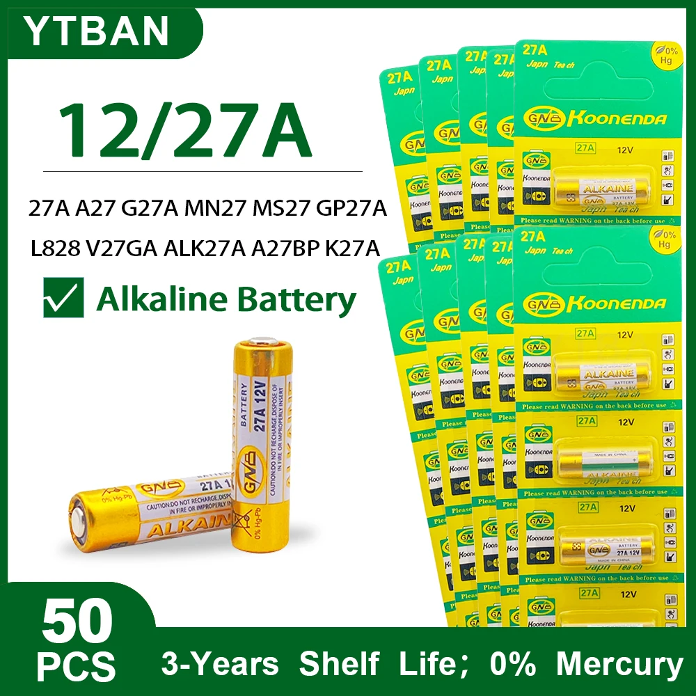 

50PCS 12V L828 27A Alkaline Battery G27A MN27 MS27 GP27A A27 V27GA A27BP K27A VR27 for Doorbells Alarm Power Remote