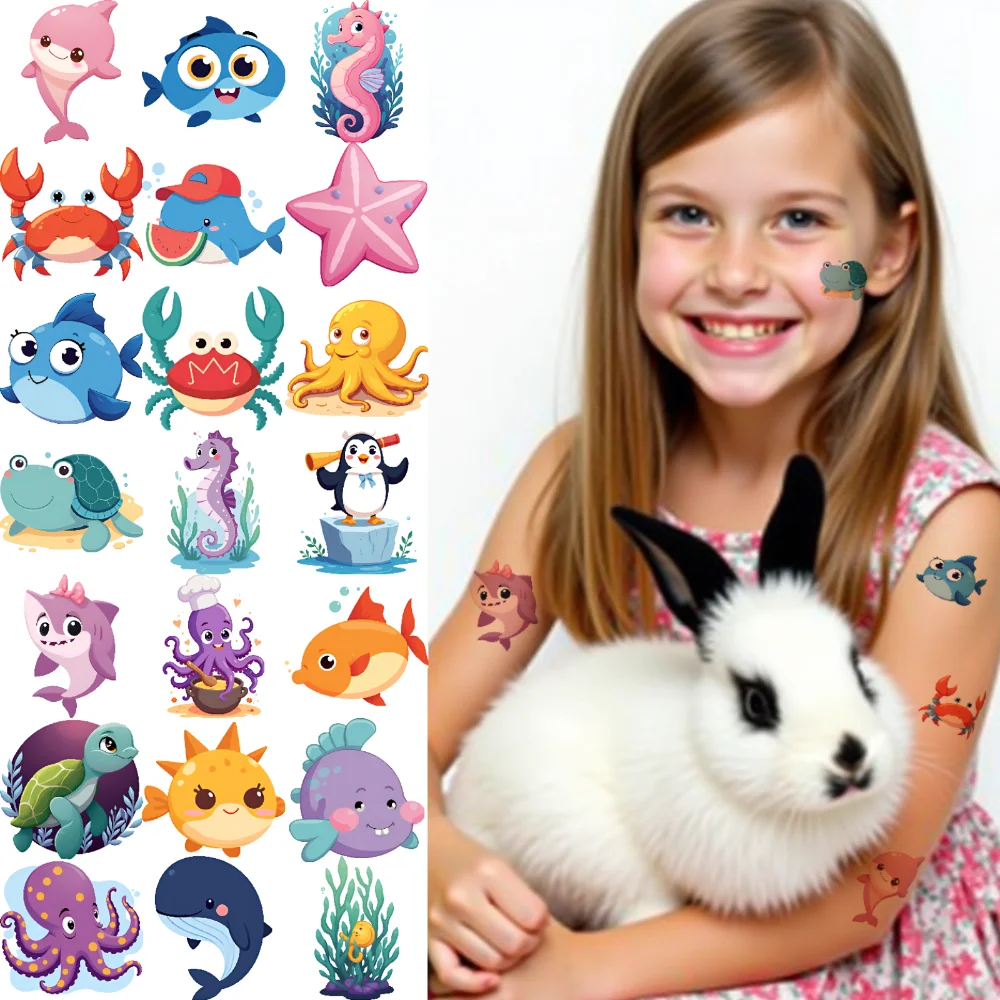 

54pcs Temporary Tattoo Cartoon Creatures Temporary Tattoo Stickers Ocean Animals Waterproof Long-lasting Body Stickers For