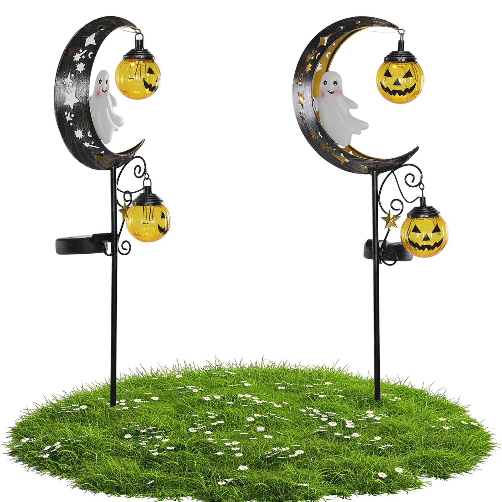 Solar Powered Halloween Skull Ghost Moon Stake Lights Garden Lawn Pathway Yard Outdoor Fall Metal Decor