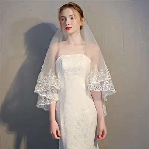 

Wedding Lace Veil Floral Short Cathedral Veils for Brides Sequins Edge 2 Tier Hip Fingertip Length