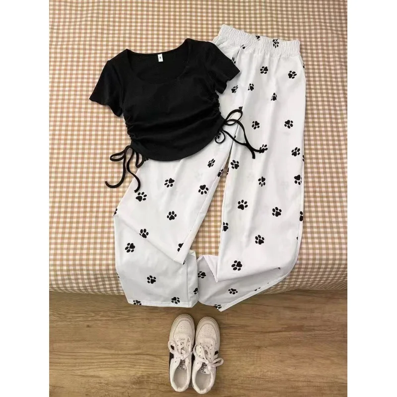 Two Piece Sweet and Spicy Girl Drawstring Short Sleeve Top Women Wide Leg Casual Pants Set Two Piece