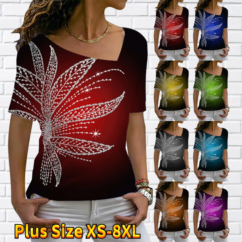 Women's Fashion Light Luxury and Elegant Skirt Swing Short Sleeve T-Shirt Chain Beads Spell Floral Gradient Print V Neck XS-8XL