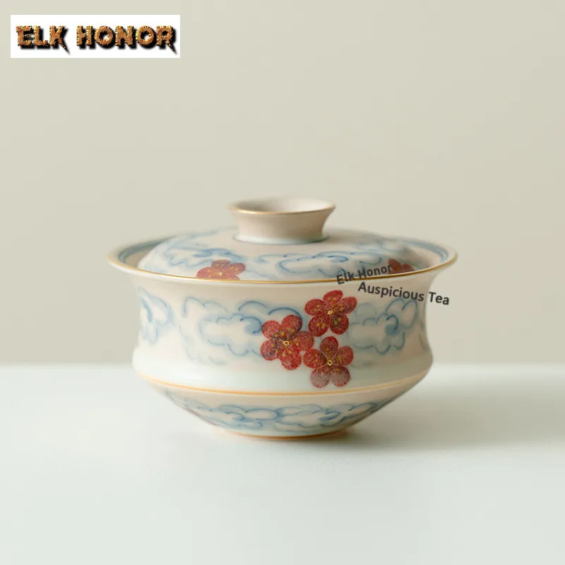 

120 мл ручная роспись Gaiwan с цветком сливы, японская чайная подставка, чайная чаша с крышкой, комплект, чаша для приготовления чая, украшения для чая, подарки