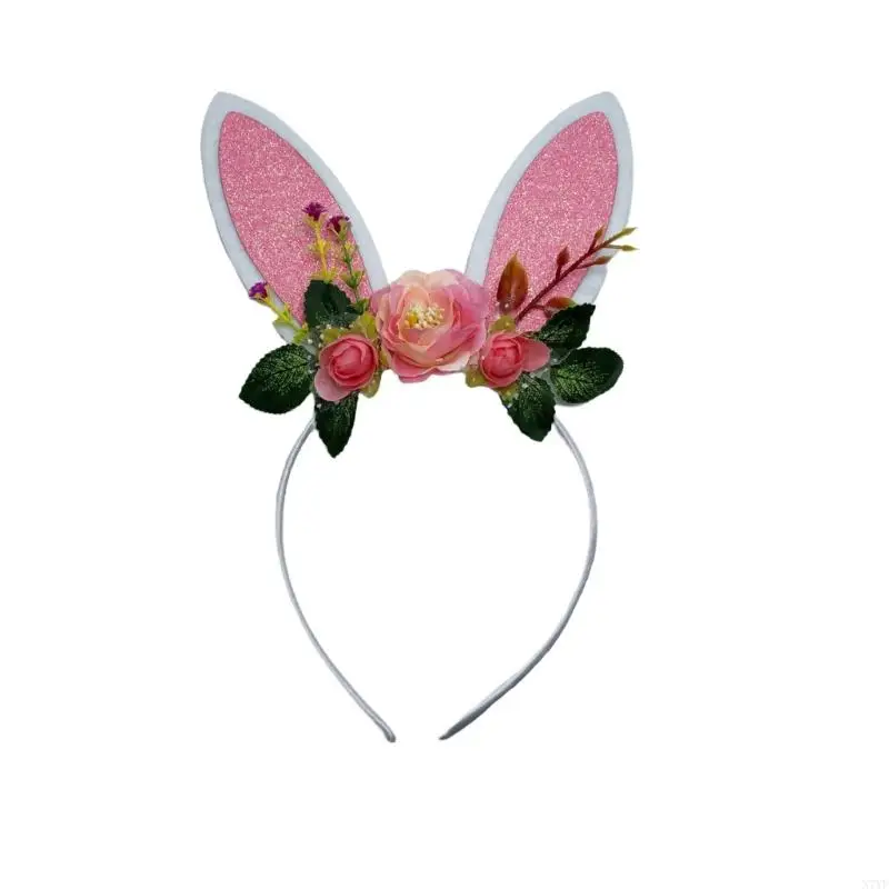 N7YF – bandeau oreilles lapin pour adultes adolescents, bandeau à fleurs pour filles, diffusion en direct, décoration