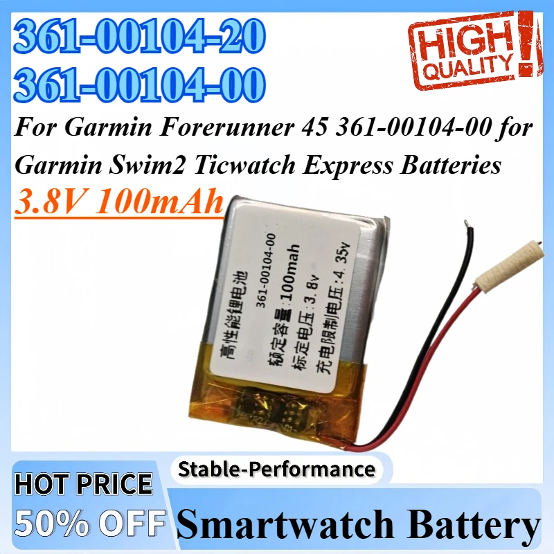 

3.8V 100mAh Replacement Battery 361-00104-20 For Garmin Forerunner 45 361-00104-00 for Garmin Swim2 Ticwatch Express Batteries