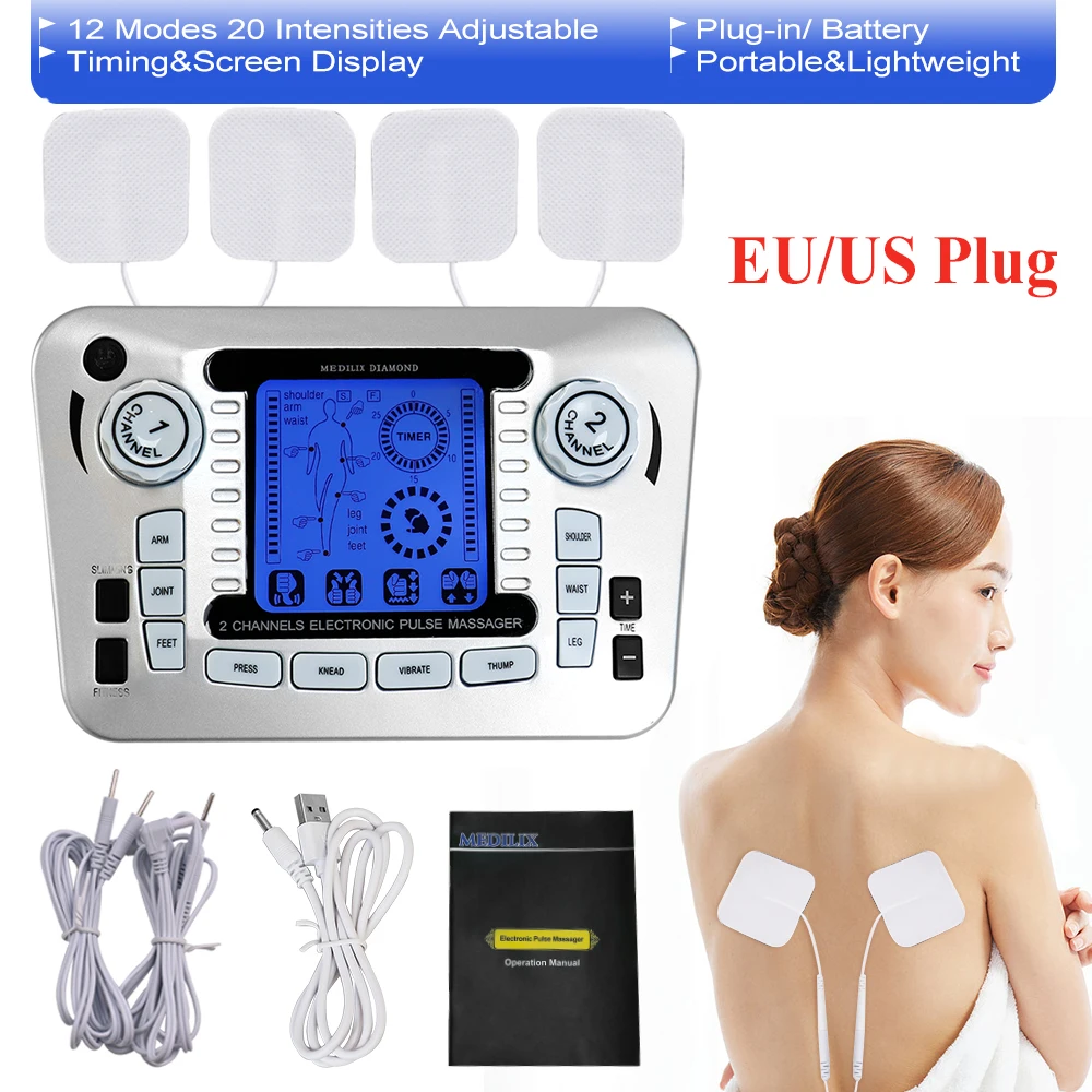 Portable 12 Modes Electric Adjustable Pulse Muscle Stimulator TENS Unit Multi‑Function Massage Device Body Relax Care Muscle