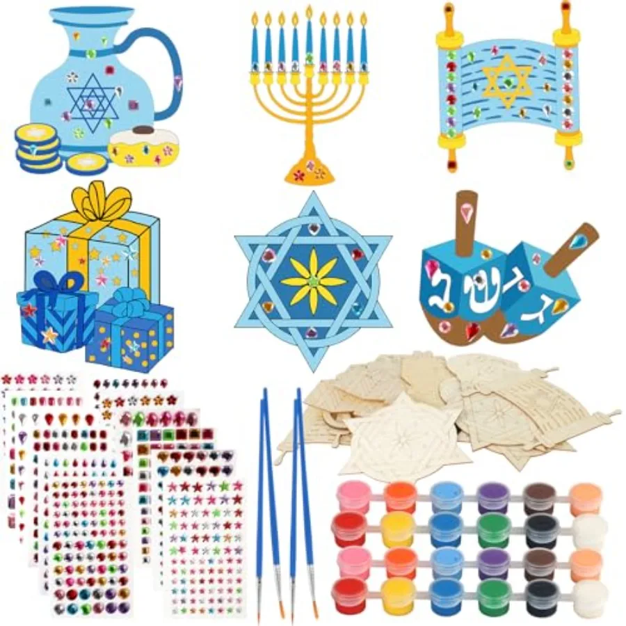 

24 Sets Hanukkah DIY Wooden Crafts Kits Make Your Own Menorah and Candles Art for Christmas Classroom Activities and Chanukkah