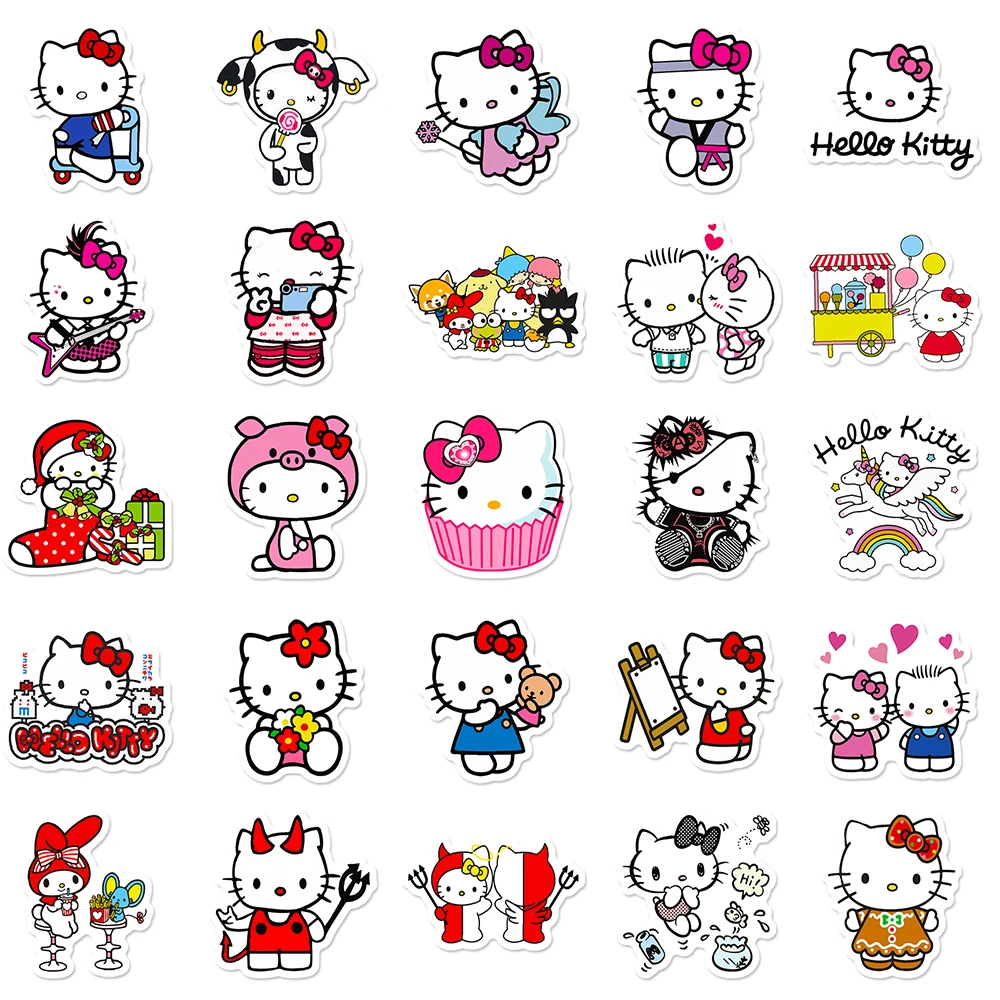 10/30/50pcs Kawaii Hello Kitty Stickers Kids DIY Toy Cute Sanrio Cartoon Decals Scrapbook Skateboard Helmet Notebook Guitar Bike