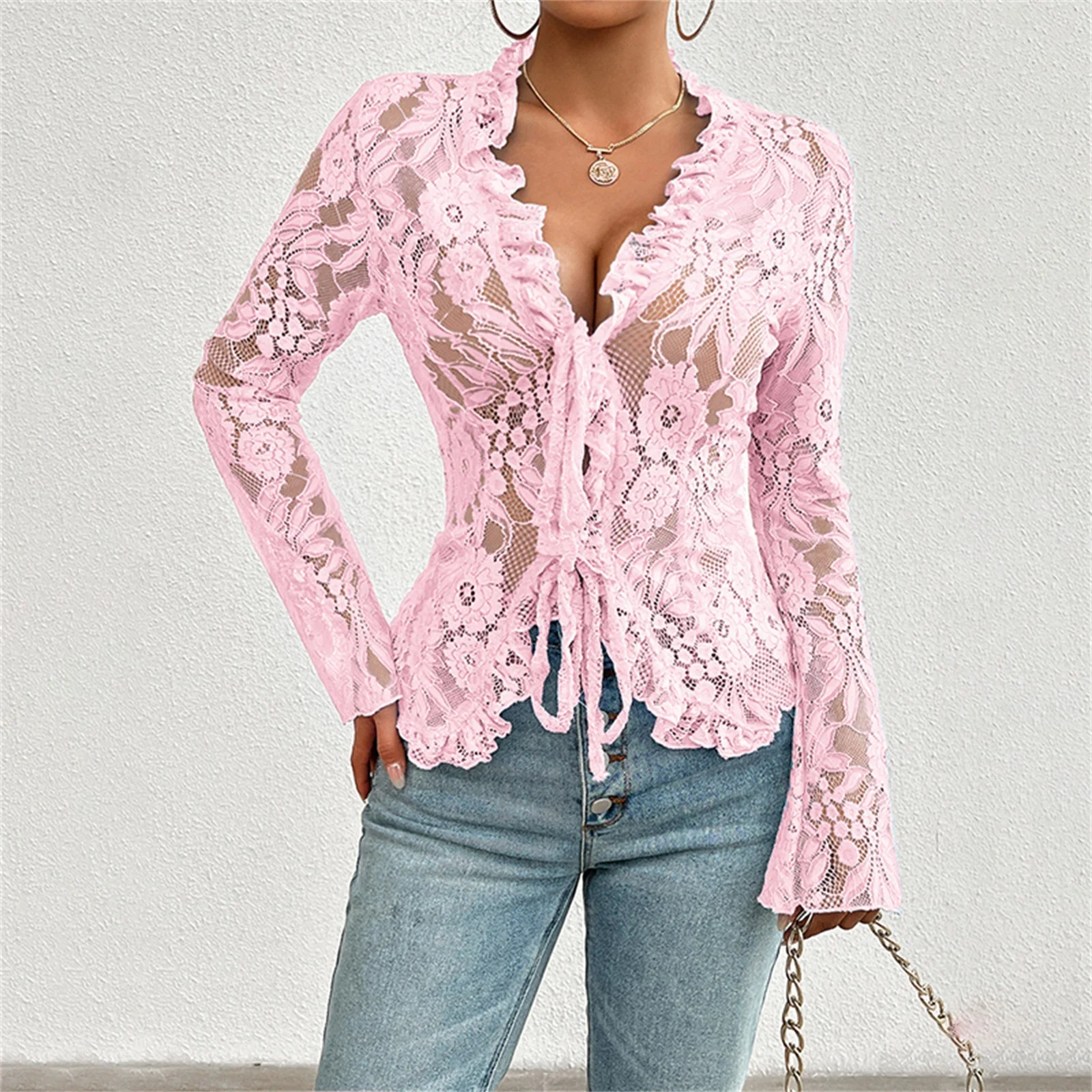 Woman y2k Fairycore Open Front Tie Up Mesh Lace Shirt Sexy v Neck Long Flare Sleeves Top See Through Ruffles Slim Fit t Shirts