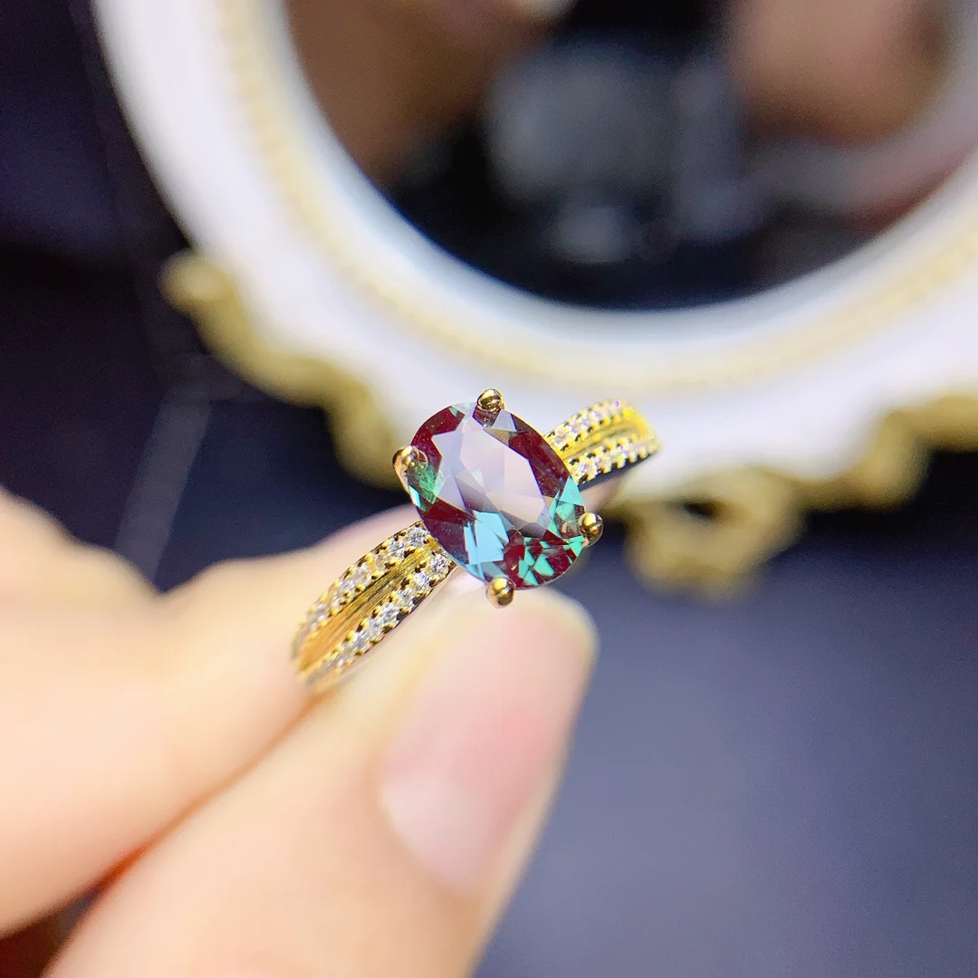 14K Yellow Gold Plated Real Solid 925 Sterling Silver Alexandrite Ring Split Band Ring Alexandrite June Birthstone For Women