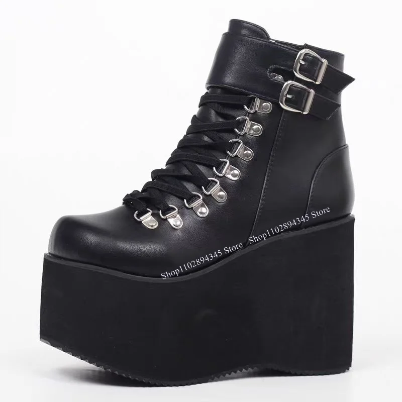 

Black Buckle Matte Mid Calf Boots Shallow Wedge Heel Platform Fashionable Cool Sexy Western Winter Woman Shoes Zapatillas Mujer