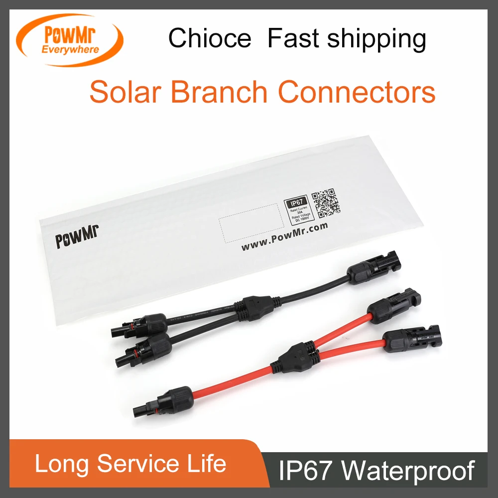 1Pair Solar Power Connectors IP67 Waterproof Y-Branch Cable Solar Cable Parallel Adaptor in Pair for Solar Panel Red and Black