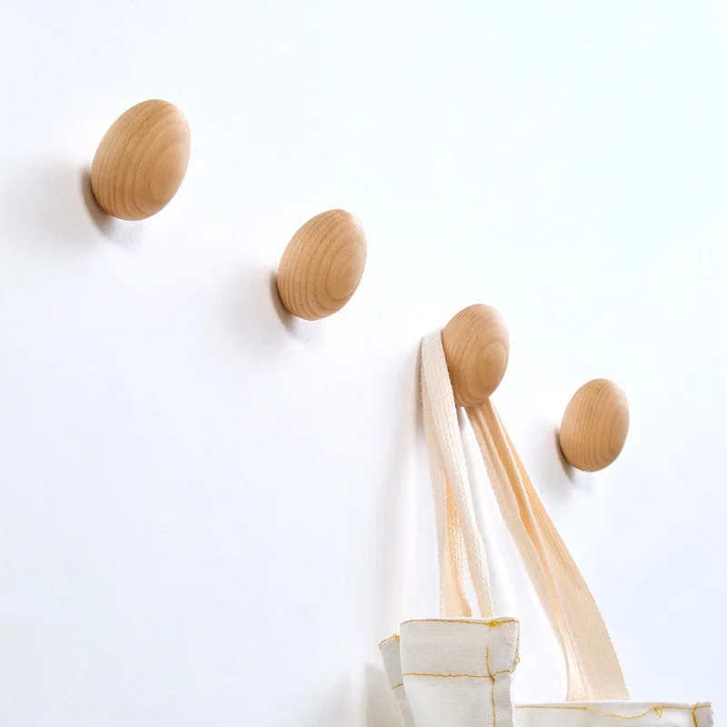 1PCS New Wooden Hook Beech Egg Type Coat Hook Wood Hanger Wall Hanging Clothes Hat Rack Home Nordic Closet Decor Hooks Storage