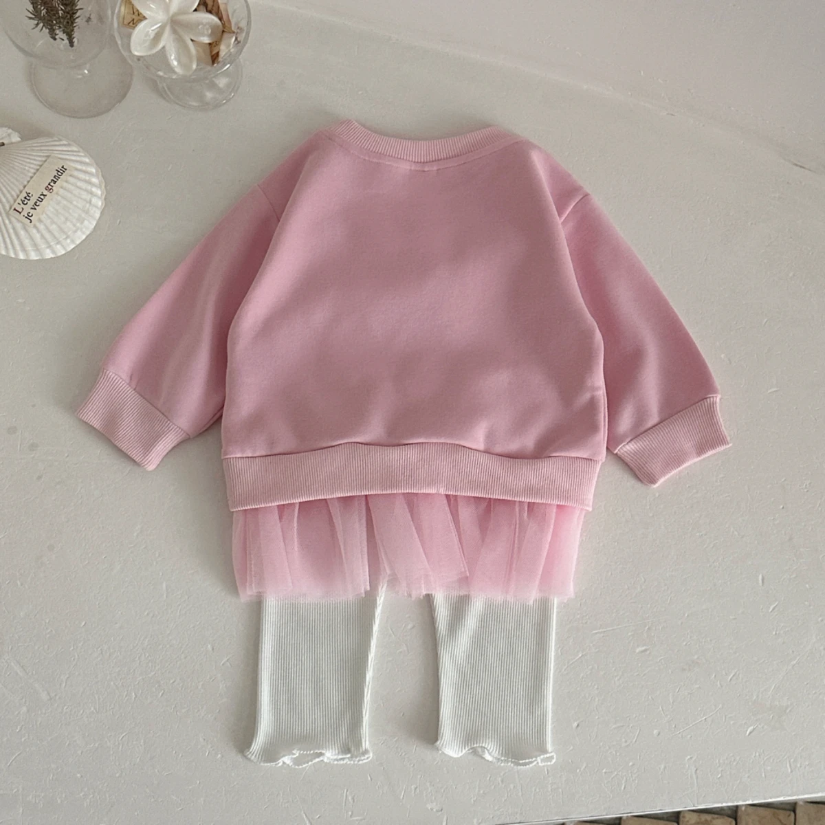 Koreanisches Prinzessinnen-Set für Mädchen, Frühling/Herbst, Ballett-Sweatshirt mit Tüllsaum, weiße Rüschenleggings, 2-teiliges Kinder-Outfit – Detail 3