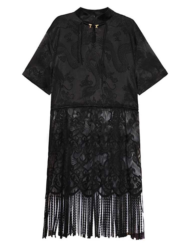 [EAM] Women Black Lace  Spliced Hem Tassels Big Size Dress New Stand Collar Sleeve Fashion Tide Spring Summer 2024 1DH5406