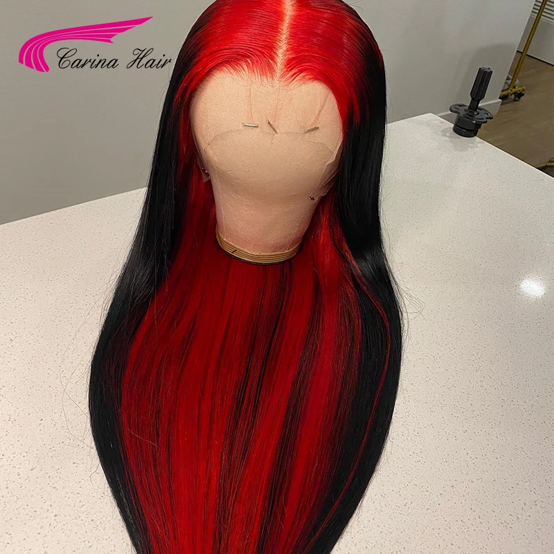 Ombre Red Colored 13X4 Lace Front Human Hair Wigs Straight Red Highlight Brazilian Remy Lace Frontal Wigs For Women Preplucked