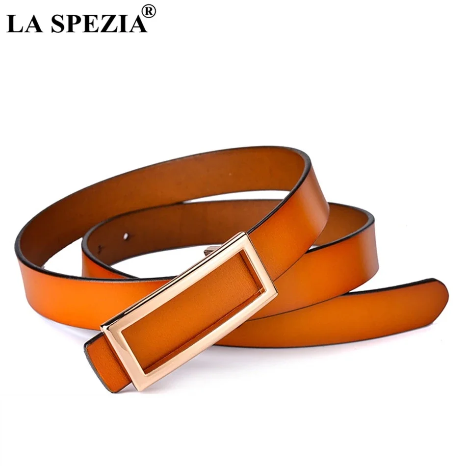 LA SPEZIA Formal Leather Women Belt Camel Smooth Buckle Belt for Dresses Ladies Genuine Leather Cowhide Gold Buckle Female Belt