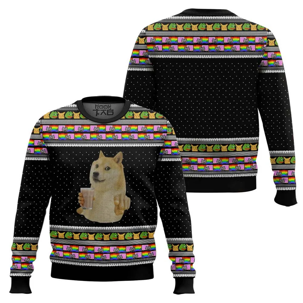 

3D Choccy Milk Meme Doge Ugly Sweater Funny Holiday Party Pullover Winter Warm Cozy Plus Size Sweater for Men Women Xmas Gift
