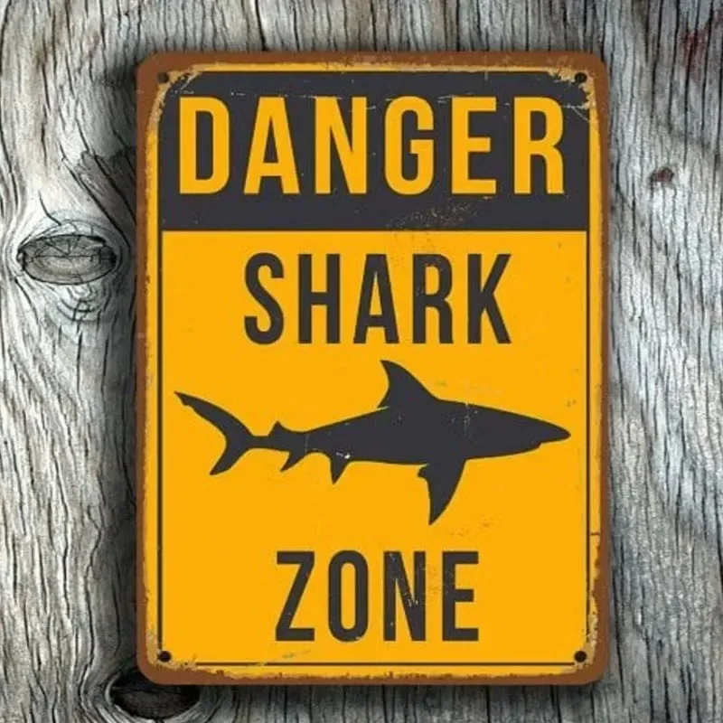 2026 Retro Shark Warning Metal Sign Painted Plaque Perfect for Courtyard Manhole Swimming Pool and Wall Mural Decor