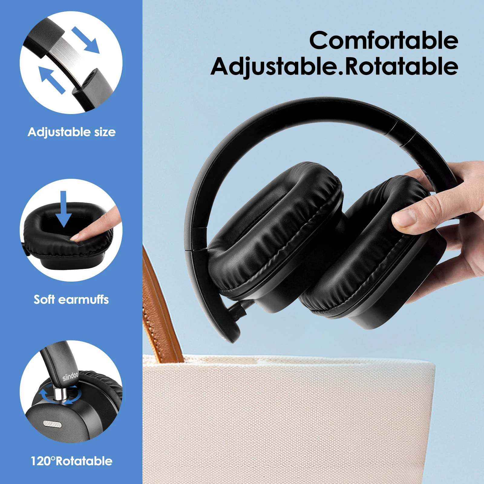 Siindoo JH-927 Wireless Headphones Over Ear, 65 Hours Playtime Bluetooth Headphones with Mic,Foldable Lightweight Headset for PC