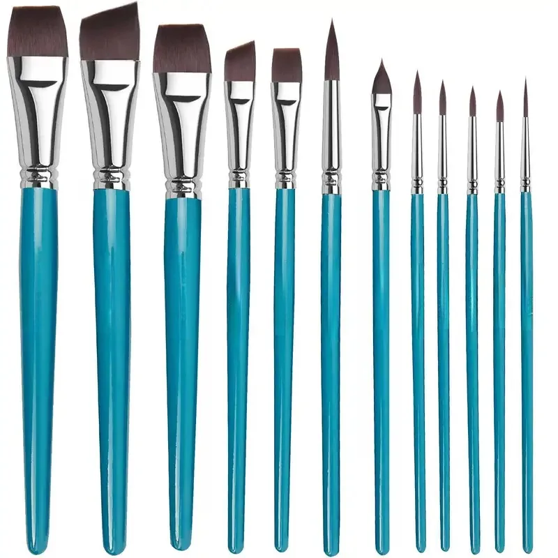 12Pcs Professional Nylon Paint Brush Set, Flat & Round Tip Art Brushes for Painting & Face Makeup
