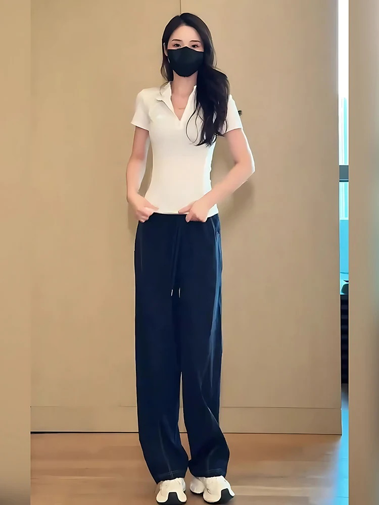 

Повседневный комплект спортивной одежды для фитнеса. Женские летние брюки Faion Qui Dry ort Sve. Широкие брюки с высокой талией. Длинные брюки из двух предметов.