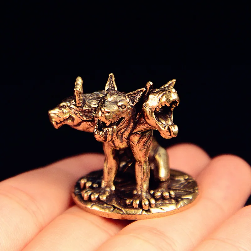 Brass Three-Headed Dog Figurines Miniatures Mythology Animal Small Statue Desktop Ornaments Home Decorations Crafts Accessories