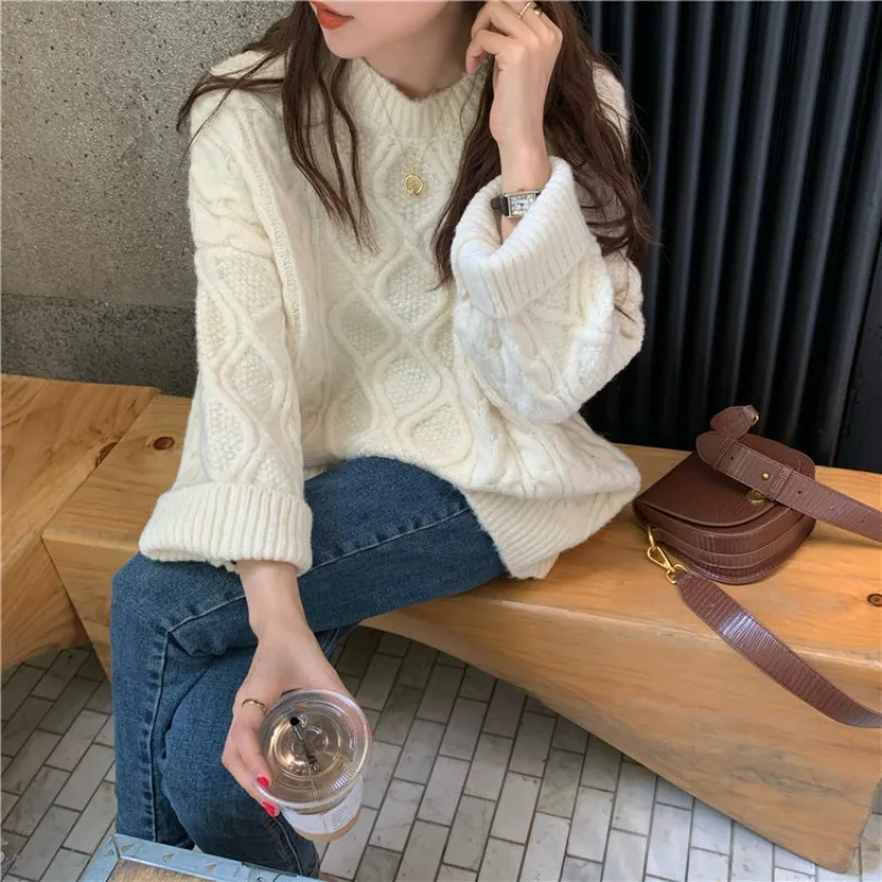 Korean-style Sweaters Winter Loose Outerwear Women Crew Neck knit Pullover Sweater Female Autumn Vintage Red Thickened Knitwear