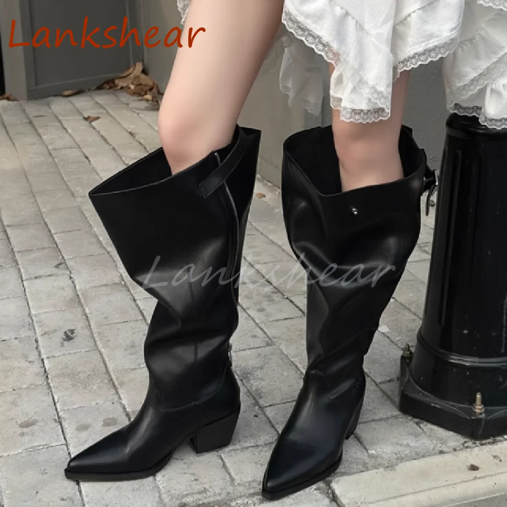 

Pointed Toe Knee High Women Boots Fashion Solid Belt Buckle Zipper Square Heel Retro Punk Runway Show Women Shoes New Arrivals