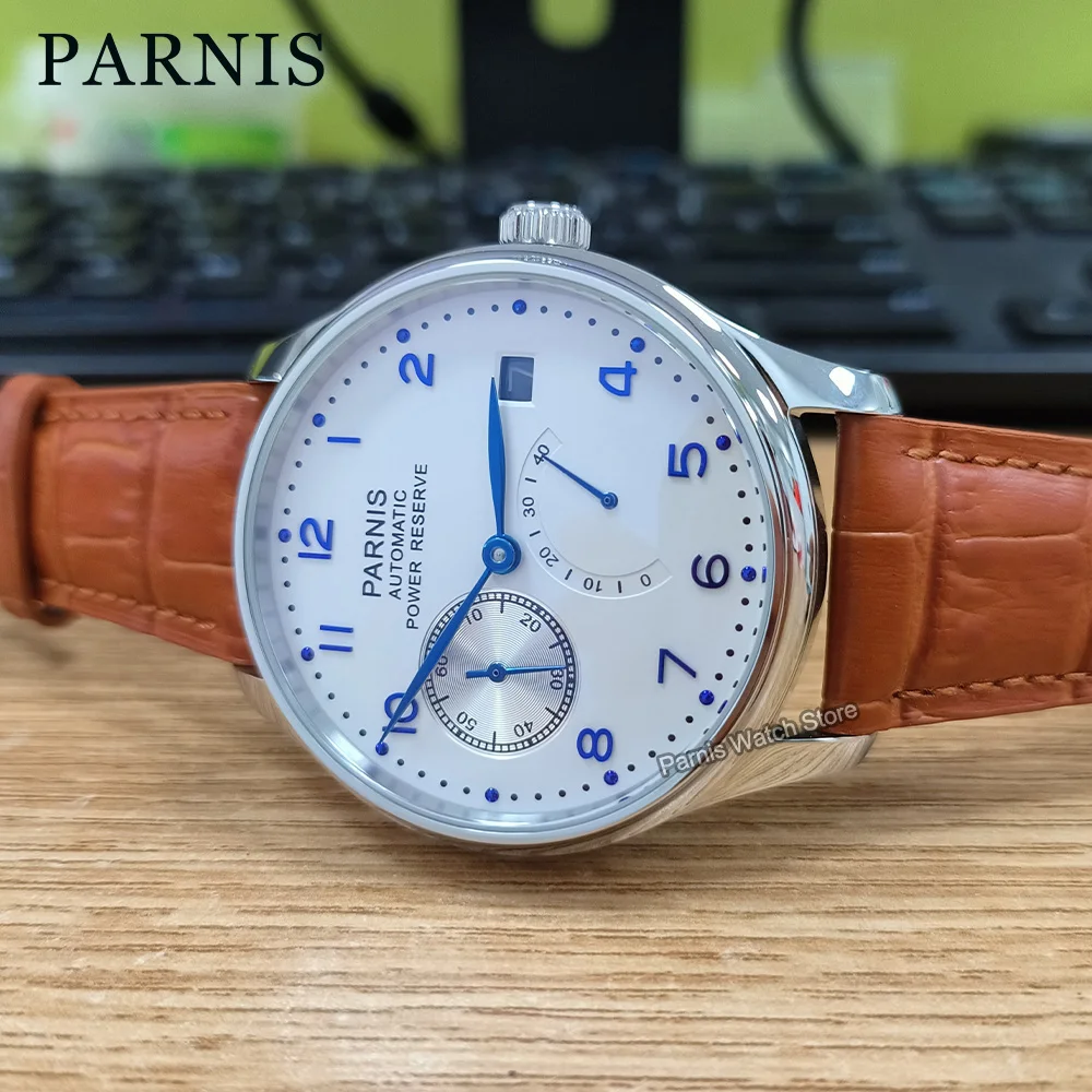 43mm Parnis Power Reserve Automatic Movement Silver Case Men Boy Mechanical Watch Small Second White Dial Blue Marks