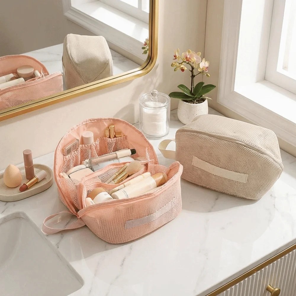 Multipurpose Portable Mesh Makeup Bag Large Capacity Breathable Cosmetic Bag Visible Hand-held Toiletry Organizer Bag Travel Use