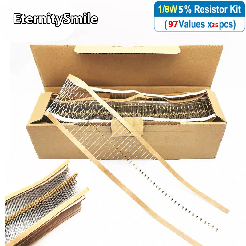 2425Pcs/Pack 97 Values *25 1/8W 5% Metal Film Resistors Kit 1Ohm-680OR-1k-680k-3M High Precision Resistance Set Assortment