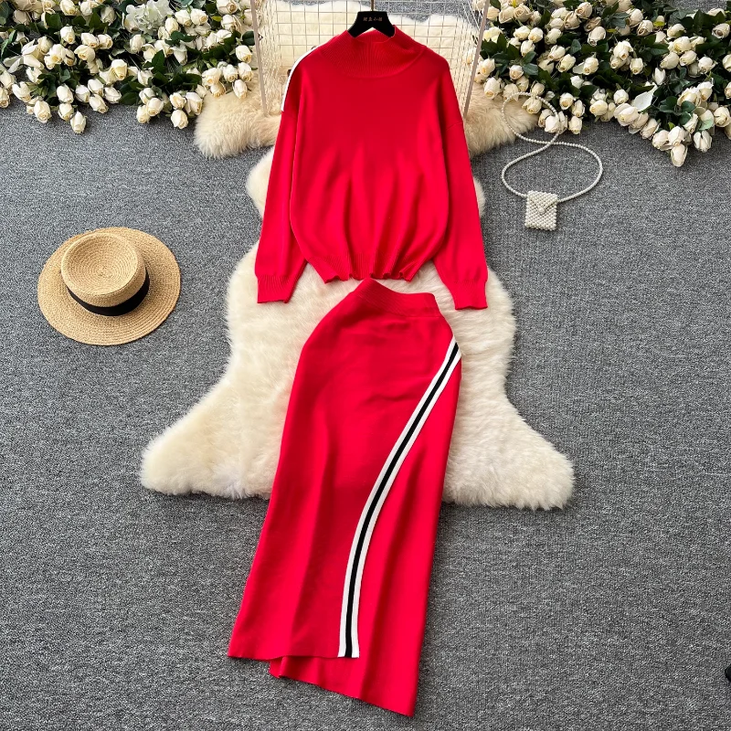 REALEFT Autumn Winter 2 Pieces Women\'s Sets Knitted Tracksuit Stand Collar Sweater and Sheath Wrap Skirts Suits 2024 New