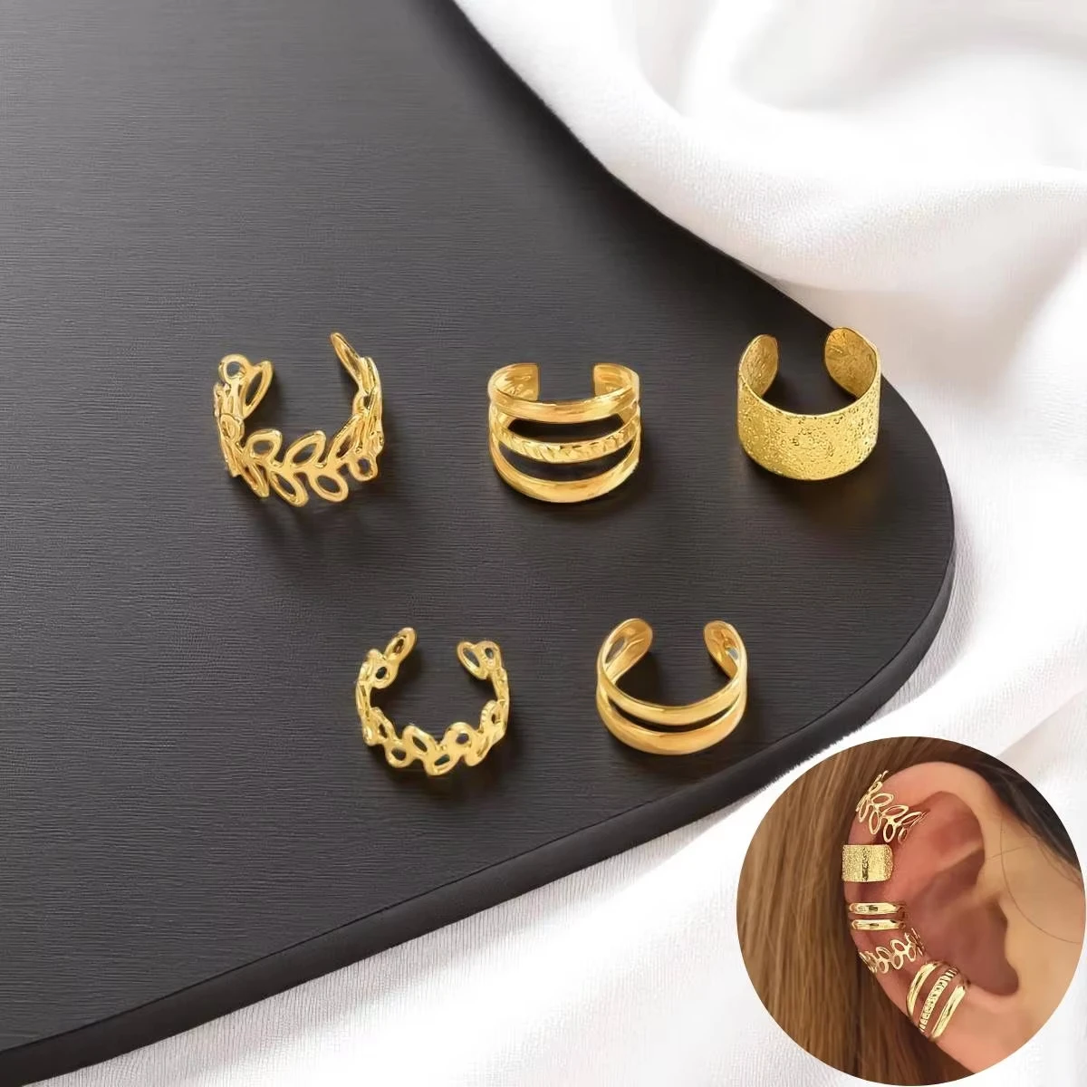 5pcs/set Trendy Elegant Design Ear Cuff Classic Elegant Style Women's No Piercing Clip Earrings Leaf Shaped Circle Stacked Shape