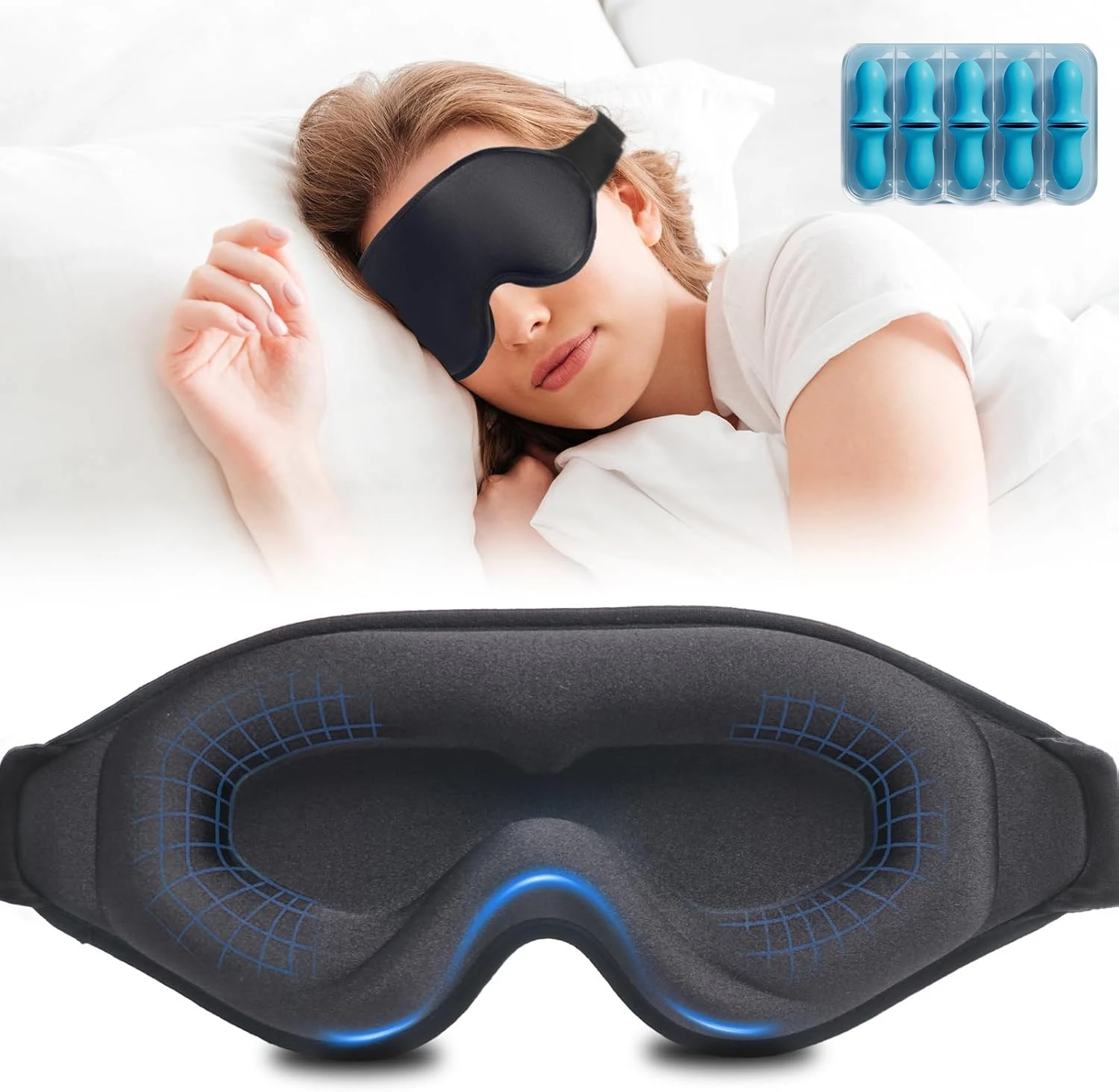 

3D Sleep Mask with Earplugs, 100% Light Blackout Eye Mask for Sleep, 0 Pressure Eye Covers for Sleep with Adjustable Strap