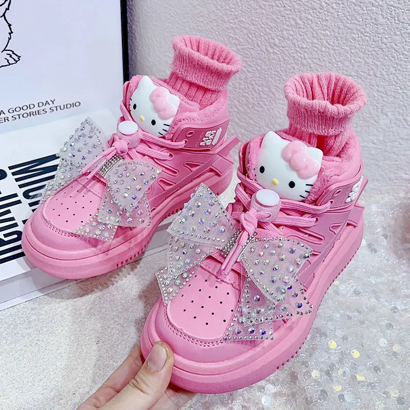 Hello Kitty Cartoon Girls Sneakers Kawaii Sanrio Autumn and Winter New Fashion Children\'s Soft Sole High Top Board Shoes Gifts