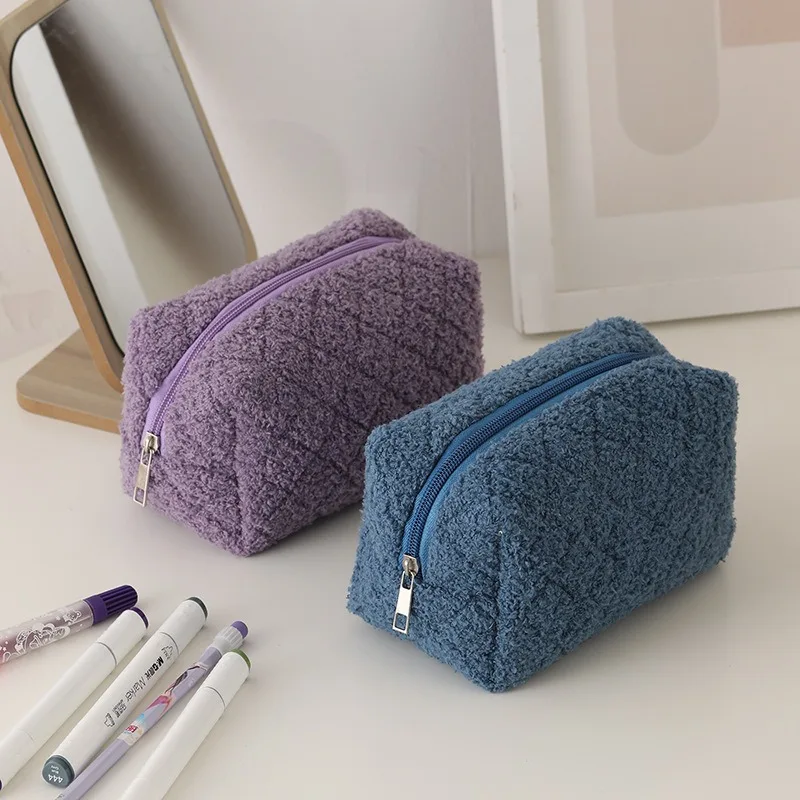 Bolsa de almacenamiento Kawaii de felpa Simple para mujer, organizador de maquillaje, bolso de mano, estuches de lápices de papelería, bolsa de viaje