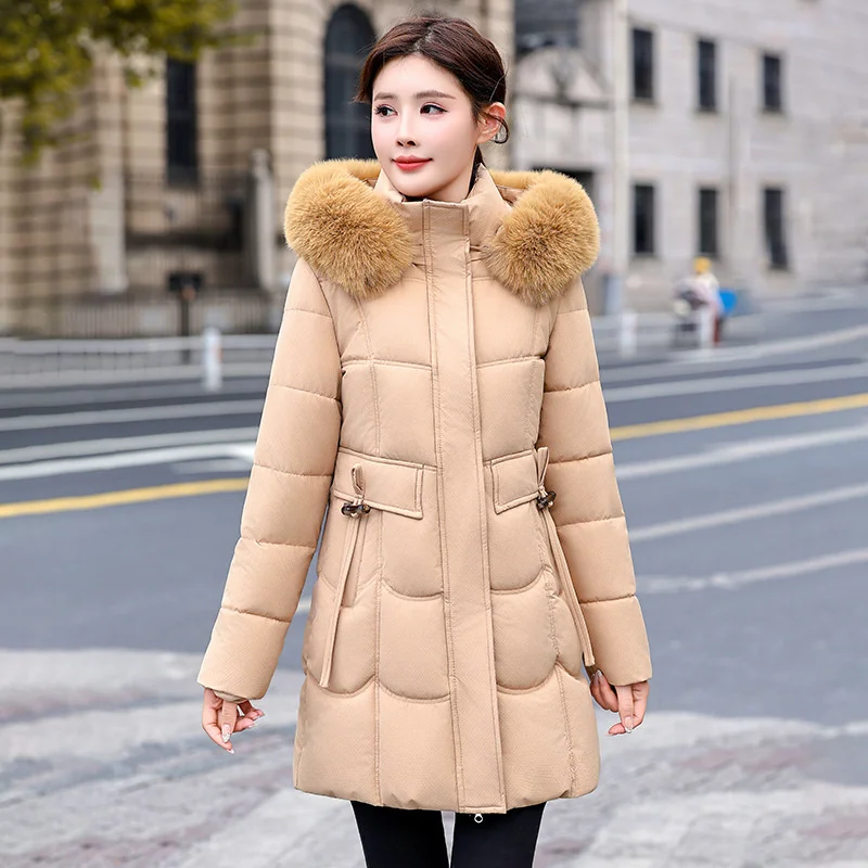 

Cotton-padded Jacket Women's Winter Long Parkas Fur-collar Detachable Hooded Outerwear Female Thicken Overcoat Drawstring Coats